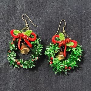 Vtg CHRISTmas Wreath Bell Hoop Earrings